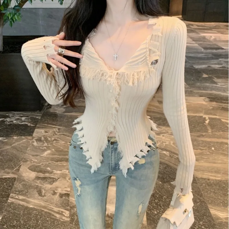 

Fringe edge knitted cardigan jacket for women's spring and autumn pure desire spicy girl V-neck top irregular sweater