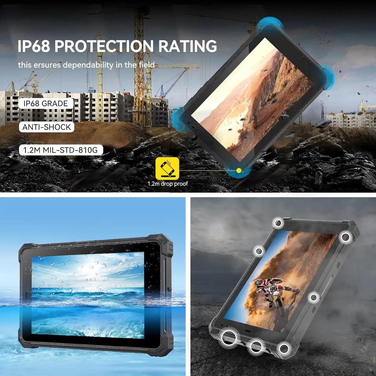 Android Rugged Tablet,8 inch Android 10 Industrial Outdoor Tablet,10000mAh Battery,IP68 Waterproof Tablet