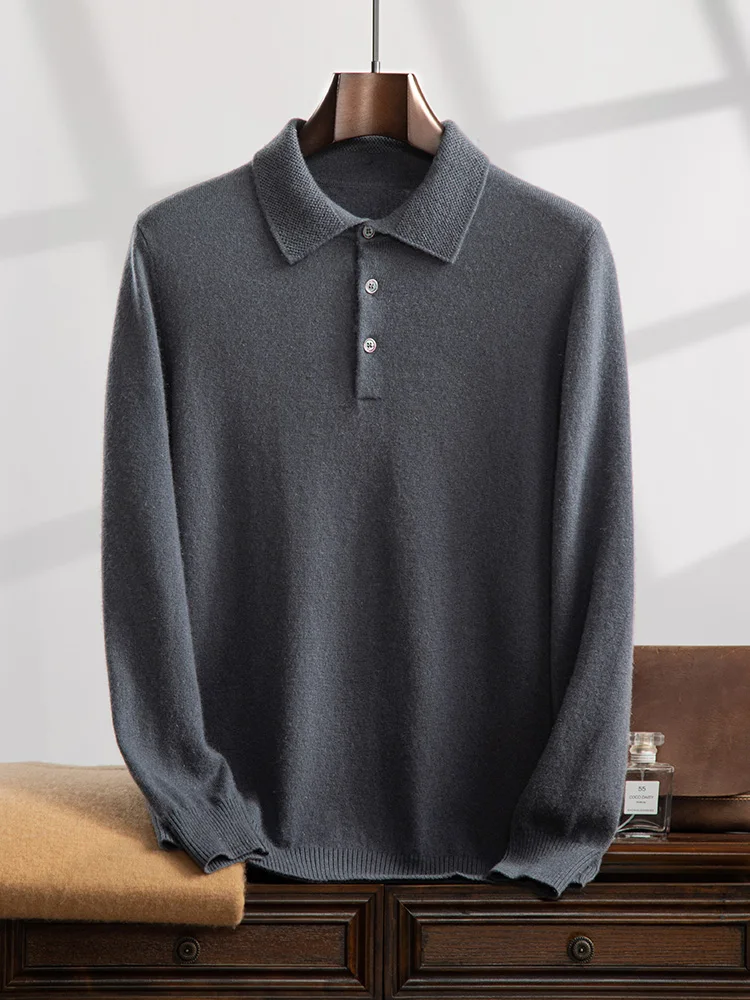 Men Cashmere Sweater Pullovers Autumn Winter Polo Collar Smart Casual Warm Knitted Soft 100% Cashmere Long Sleeve Clothing Tops 3