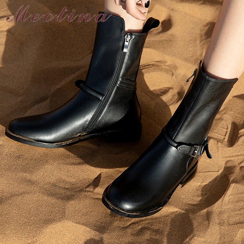 

Meotina Women Genuine Leather Ankle Boots Round Toe Flats Buckle Zipper Short Boots Ladies Fashion Shoes Autumn Winter Black