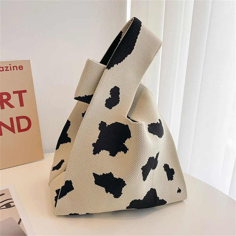 

2023 New Milk Cow Handmade Knitted Handbag Minimalist Korean Women Mini Knot Wrist Bag Tote Bag Student Reusable Shopping Bags