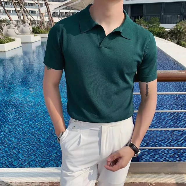 Spring Autumn Short Sleeve Knitted Solid Polo Shirts Men Fashion