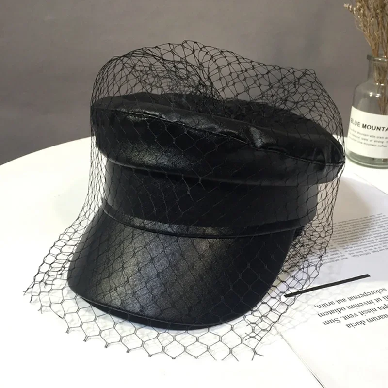 Spring and summer black PU lace veil newsboy caps Fmale Flat top black Mesh letter multiple styles fashion hats cotton newsboy cap