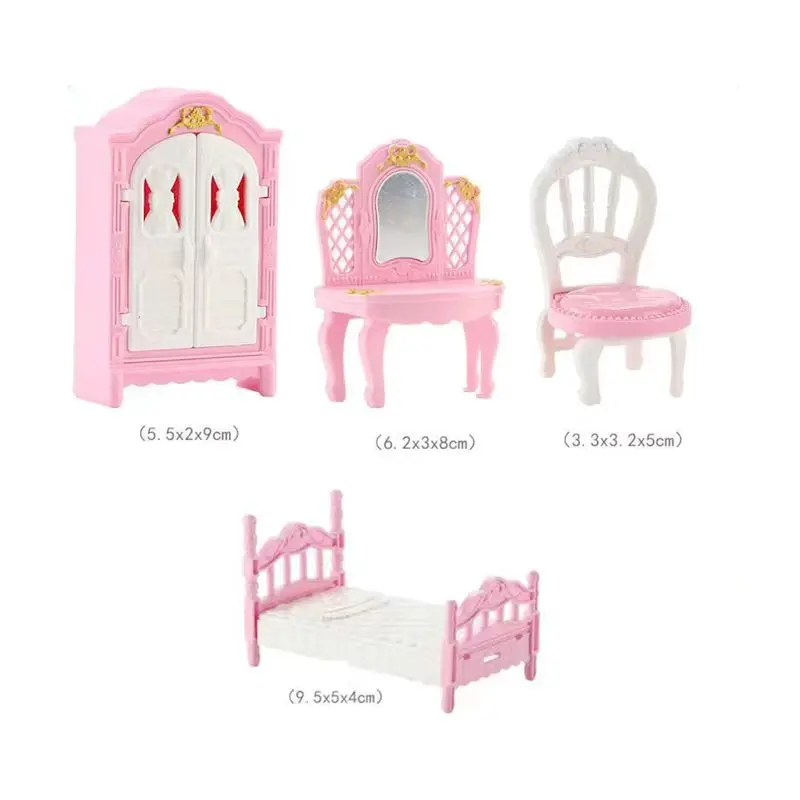 Miniature 4 Items /Lot Dollhouse Furniture Kids Toys Mini Wardrobe Bed Makeup Desk Chair Accessories For Barbie 5.5\'\' Baby DIY