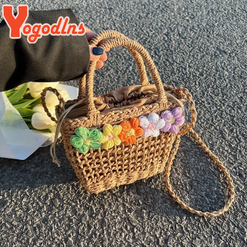Yogodlns New Straw Woven Women Bag Summer Flower Fashion Woven Bag Handbag Paper Rope Hollow Casual Popular Shoulder Bag