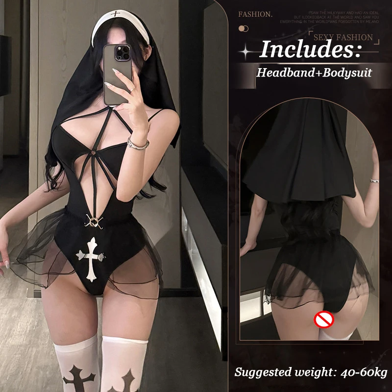 Women's Sexy Hollow Out Black Nun Cosplay Costume Set Bodysuit Dancer Outfit For Halloween Party Stage Role Play Maid Lingerie