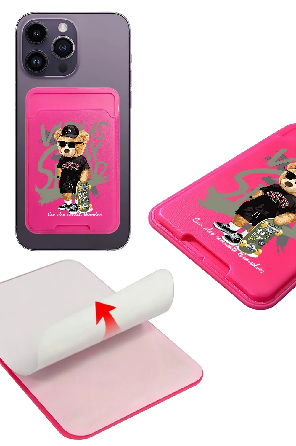 Skateboard Bear Phone Wallet Stick-On Credit Card Holder