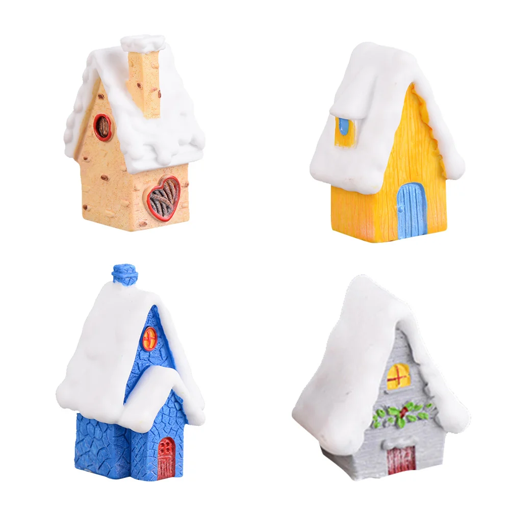 

4 PCS Christmas Decor Resin Crafts Mini House Ornament European Style Small Snow