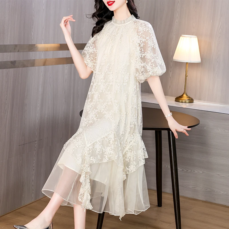 

2024 Floral Beading Embroidery Midi Women Korean Elegant Loose Maxi Dress Summer Vintage Chic Party Evening Vestido