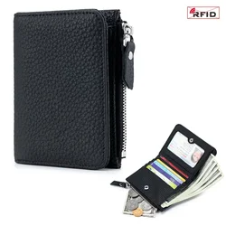 Premium Genuine Leather RFID Compact Wallet & Coin Purse with Earphone Pouch (Black)