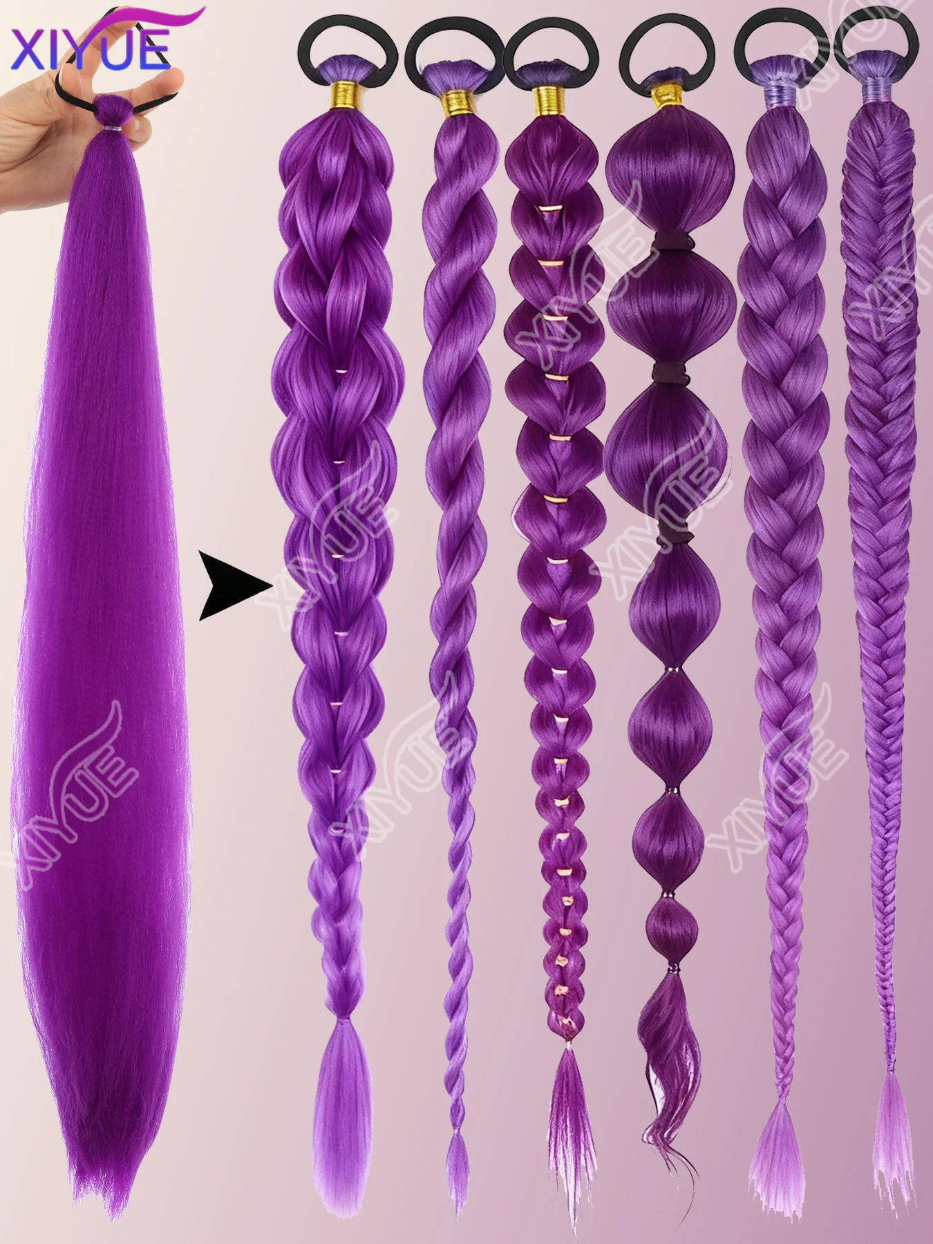 XIYUE Synthetic 26Inch Long Straight Ponytail Purple DIY Braided Ponytail With Rubber Band Halloween Hair Accessories For Woman