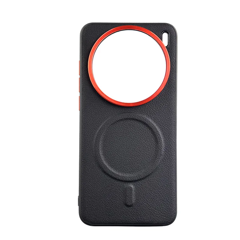 Sleek Magnetic Suction Leather Phone Case with Metal Lens Back Shell