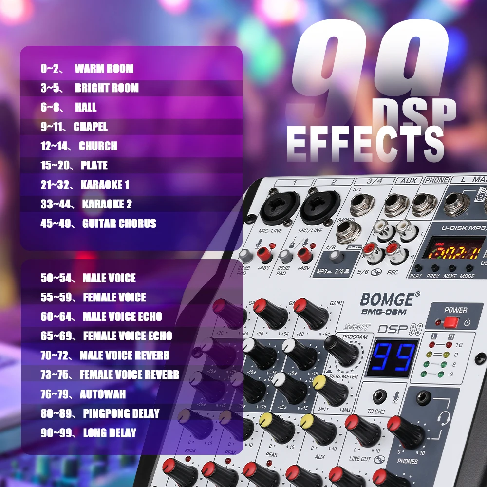 6 channels 99DSP Audio mixer DJ karaoke Mixing Console USB Interface Sound Card 48V PC MP3 DJ Recording