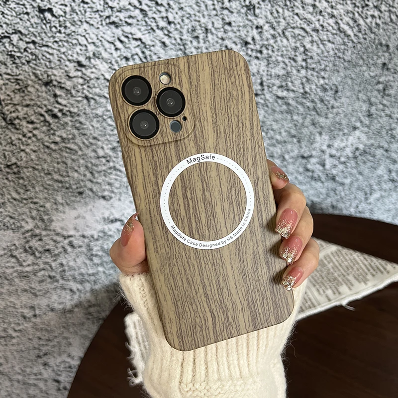 

For iPhone 15 14 Plus 13 12 11 Pro Max Magsafe Magnetic Wireless Charging Lens Film Wood Pattern Plastic Phone Case Cover T21