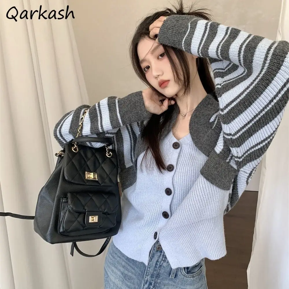 

Cardigans Women Design New Autumn Spring Striped Knitting Student Youth Simple Panelled Korean Style Crop Sweet Y2k Harajuku