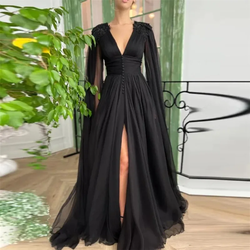 

Wakuta Elegant Deep V Black Chiffon Prom Dresses Beaded Long Cape Sleeves Wedding Gowns with Side Slit Pleats Formal Party Dress