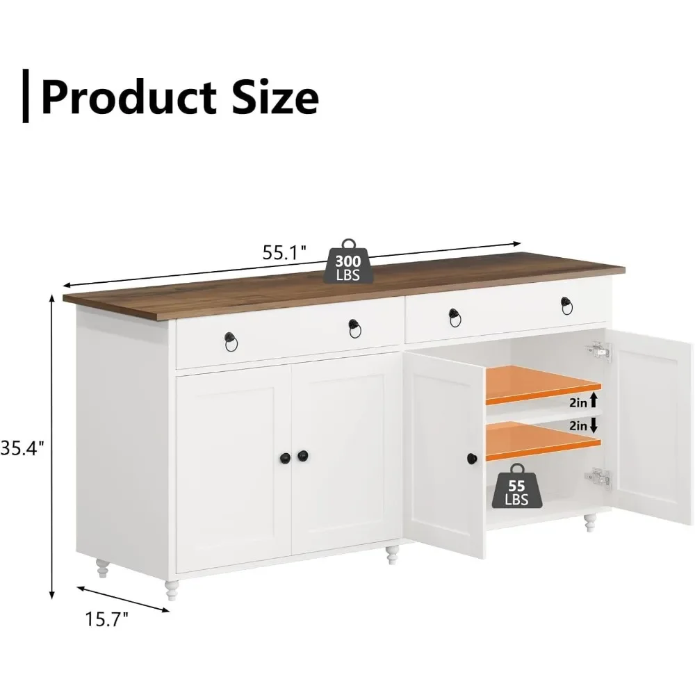 et Cabinet with Storage and 2 Drawers and 4 Doors, Modern Sideboard et Storage Cabinet, Wood Table