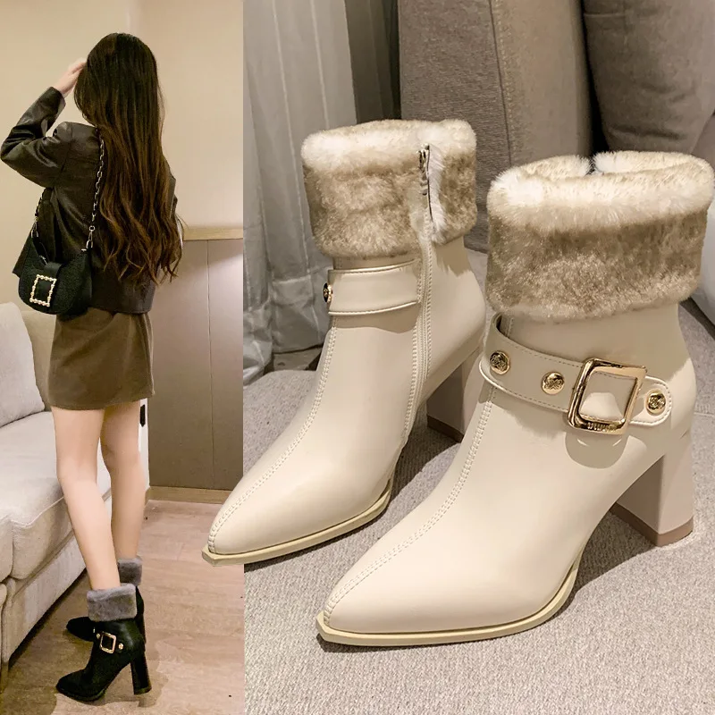 

Zipper Pointy Boot Rock Shoes Woman Luxury Designer Boots-Women Winter Footwear Pointe Fashion Ladies 2022 Mid Calf Rubber Autum