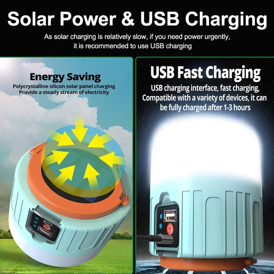 캠핑랜턴 LED 방수 휴대용 랜턴, USB 충전식 태양열 캠핑 조명, 야외 텐트 램프, 바베큐용 비상 야간 조명, 3 가지 모드