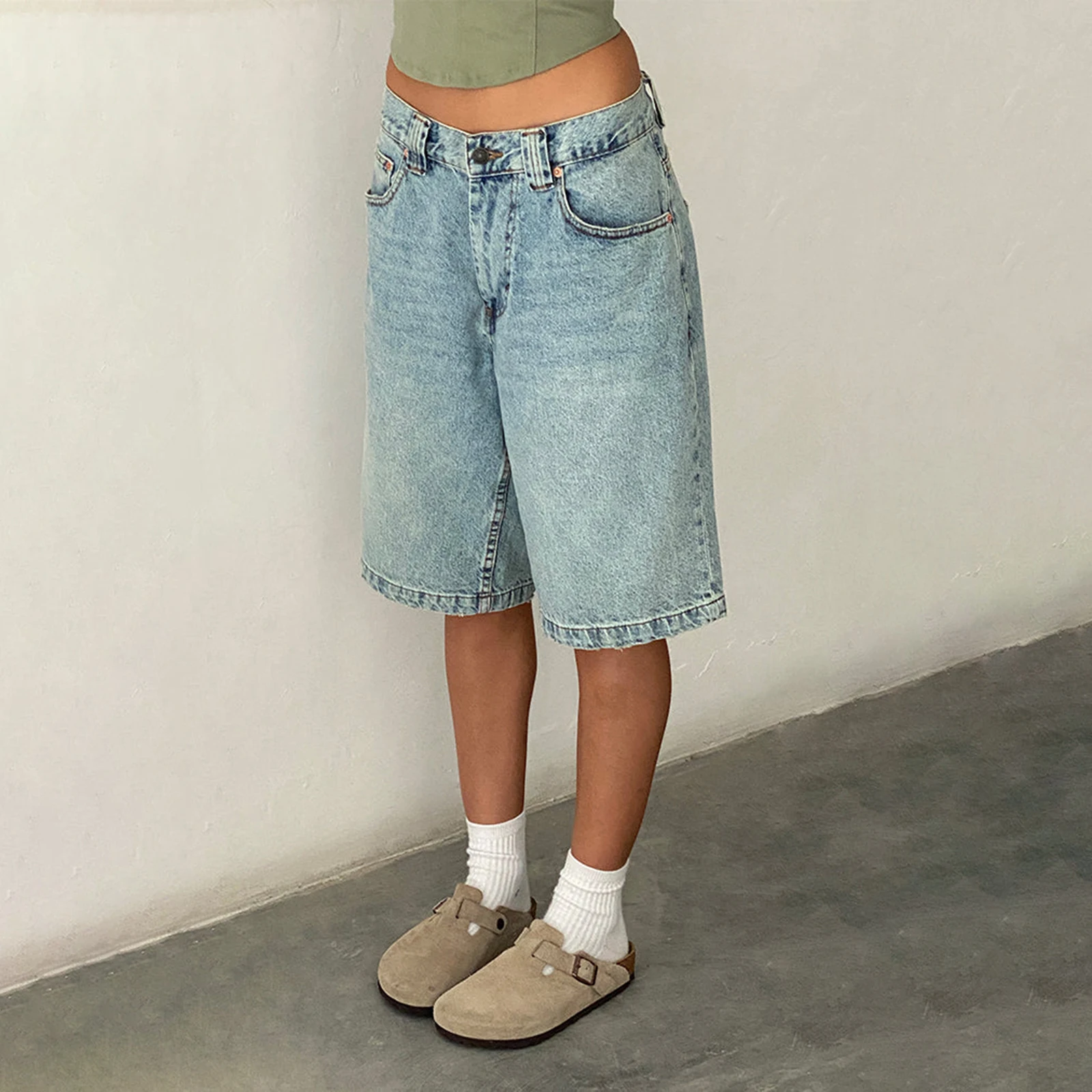 New Fashion Womens Knee Length Denim Shorts Loose Solid Color Low Rise Wide Leg Long Shorts With Pockets For Summer S-2XL