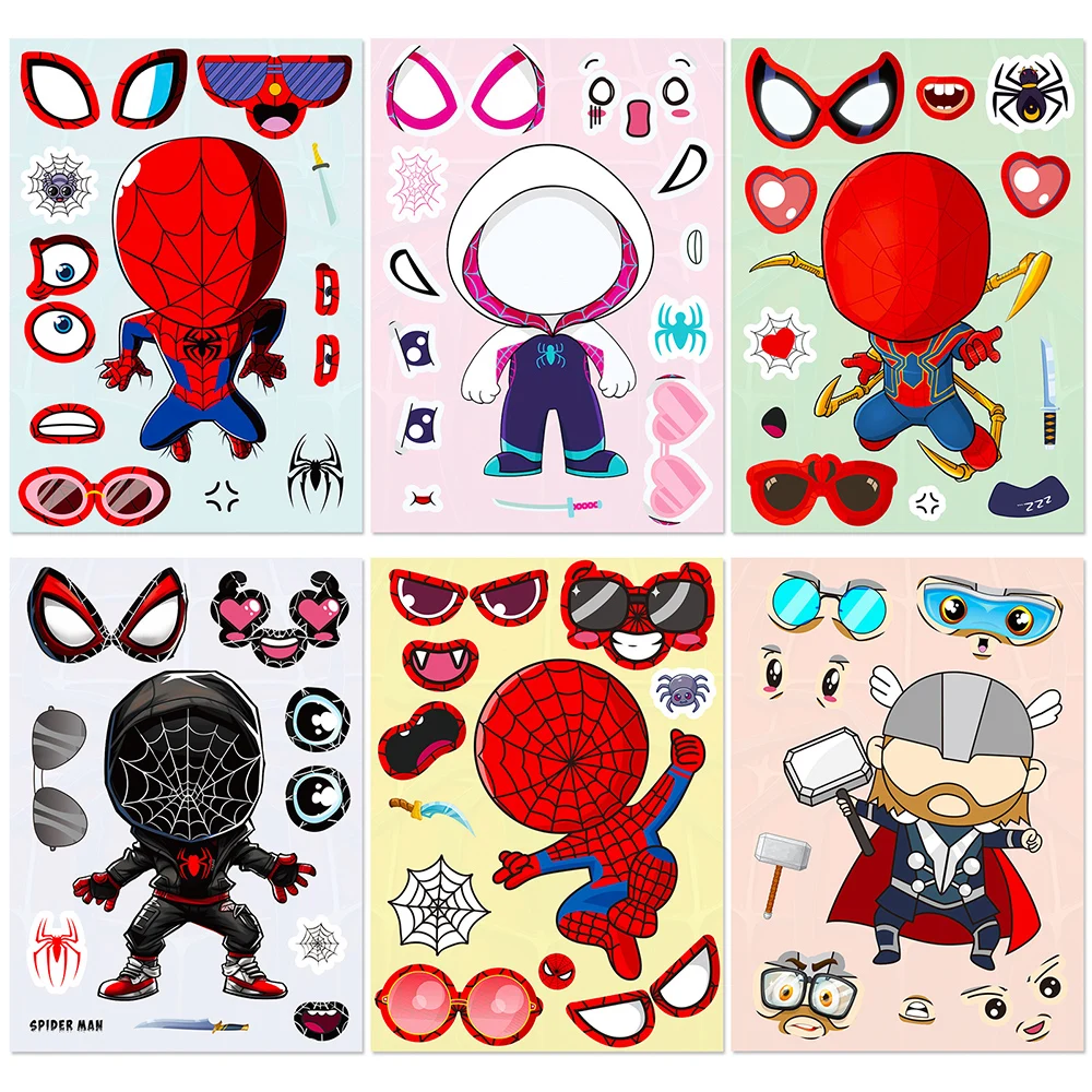 6/12sheets DIY Disney Spider Man Cartoon Stickers Cool Super Hero Puzzle Decal Scrapbooking Bike Suitcase Funny Sticker for Kids