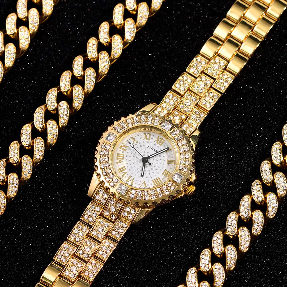 Iced Out Rose Gold Silver Color Watch Women's Luxury Rhinestone Cuban Chain Bracelet Watches Fashion Wrist Watch Hip Hop Jewelry