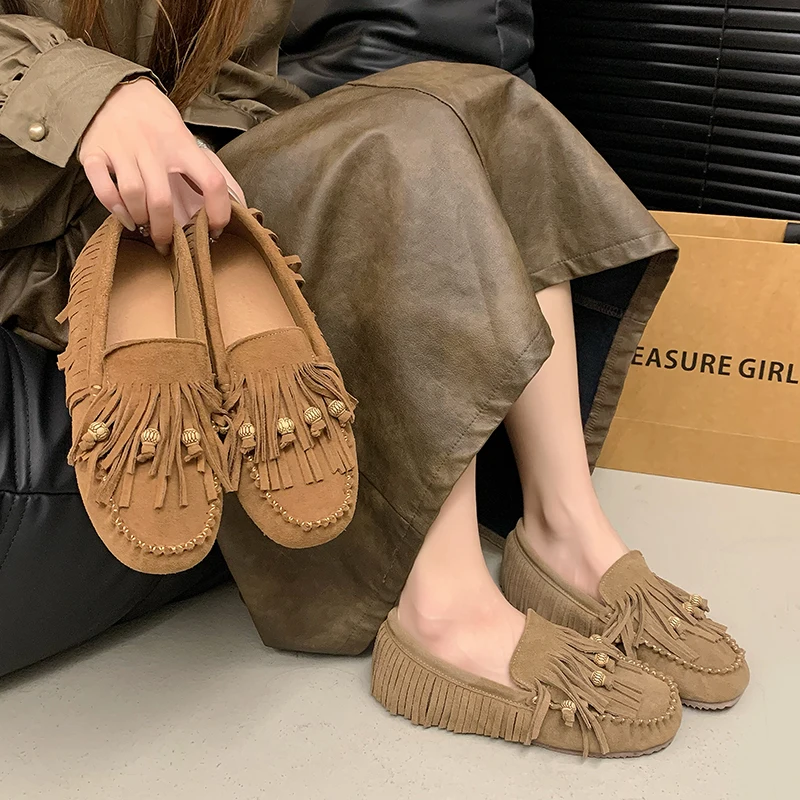 2024 Summer All-match Flat Bean Shoes Slip-on Lazy Women's Shoes Soft Soles Shallow Mouth Retro Tassel Women's Shoes 5