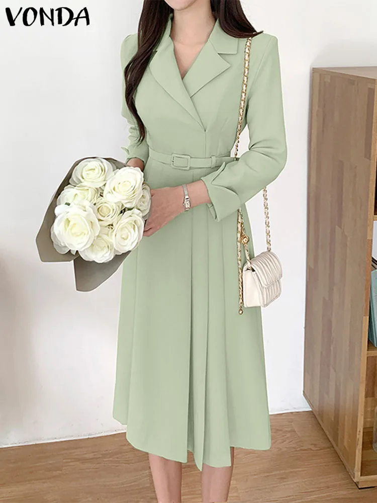 

2023 VONDA Elegant Shirt Dress Women Long Sleeve Pleated Ruffled Midi Sundress Solid Suit Collar Office Party Vestidos Belted