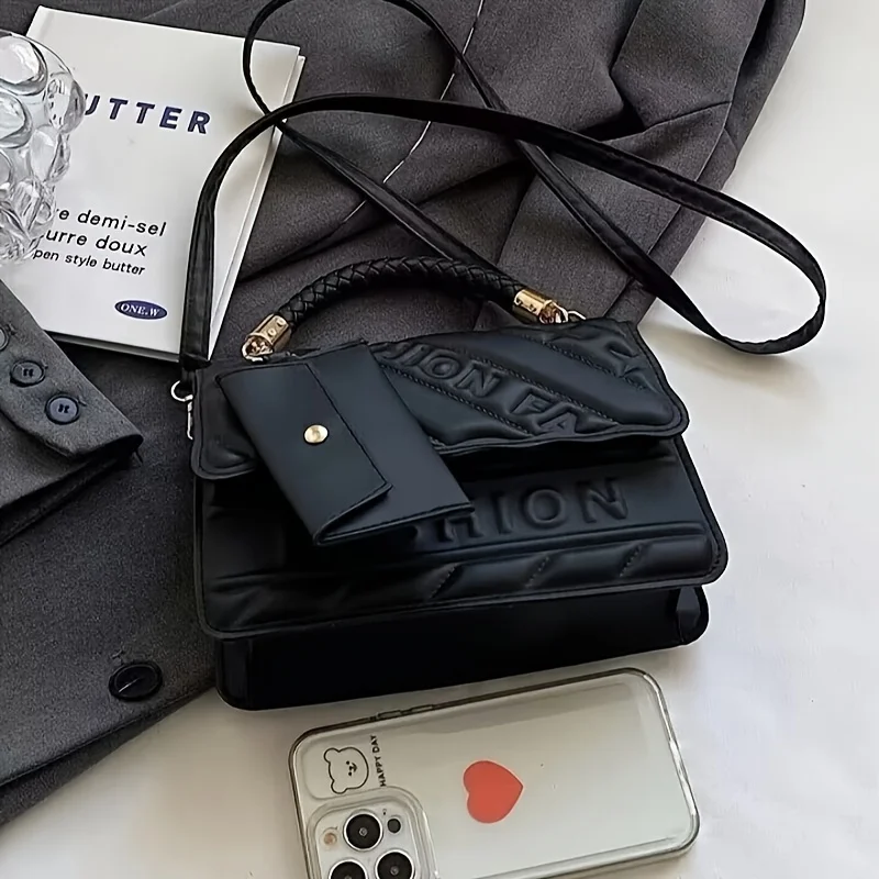 1pc Trendy Quilted Handbag with Adjustable Strap, Stylish Black Shoulder Purse for Women with Mini Coin Pouch, Crossbody Purse
