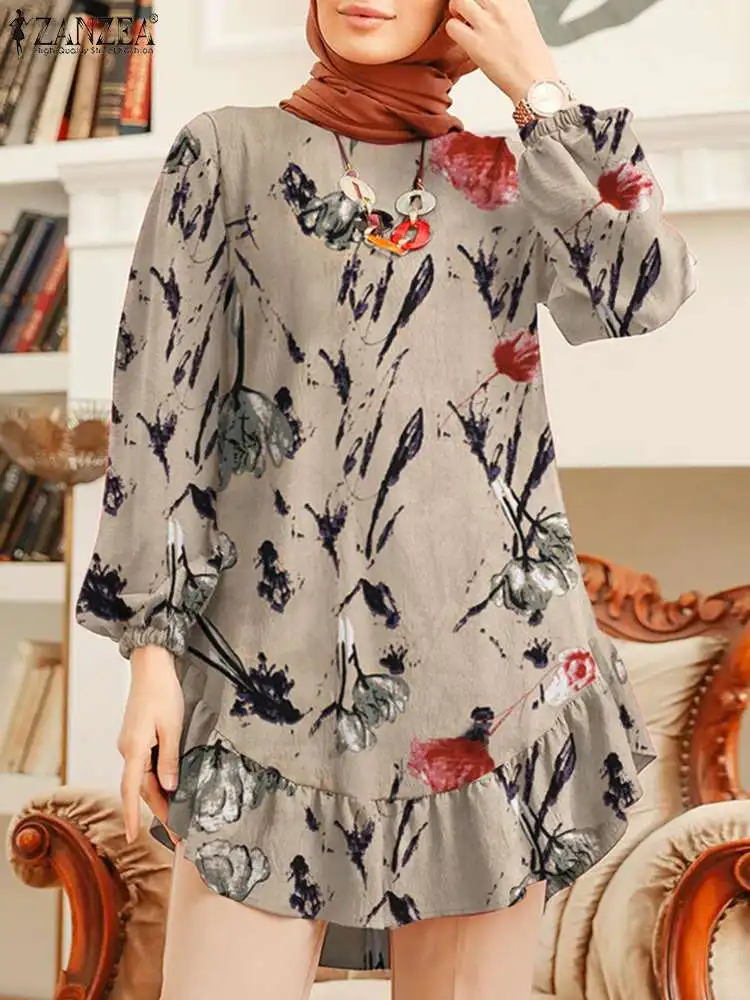 

ZANZEA Bohemian Printed Shirt Turkey Blouse Women Vintage Long Sleeve Ruffles Hem Shirts Muslim Abaya Hijab Tops Isamic Clothing