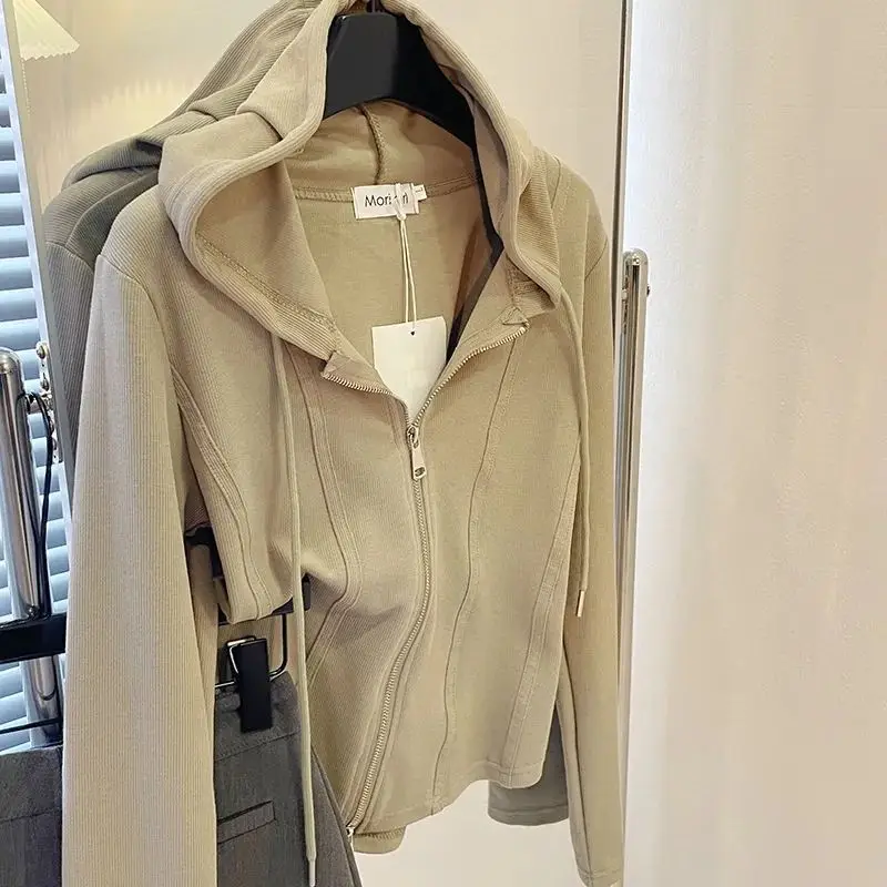

Spring and Autumn Short Waistband Double Head Zipper Hooded Hoodie Women Cardigan Versatile Large Size Long Sleeved Coat Top