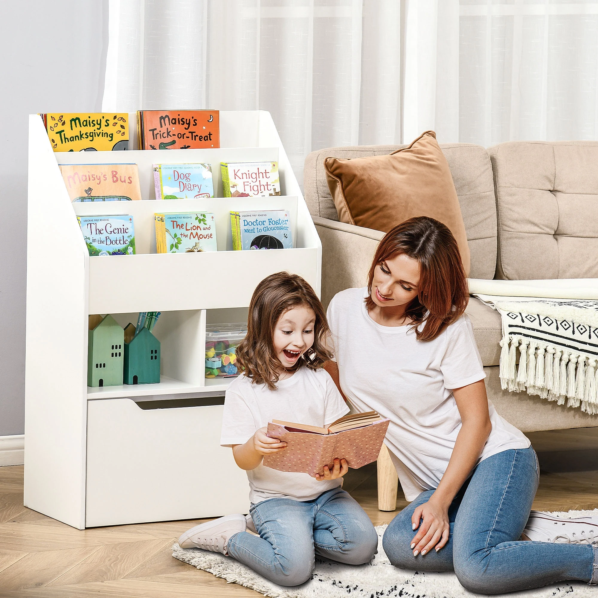 Kids Storage Bookcase Stand w/ Display Shelves & Drawer for Toys & Books, White