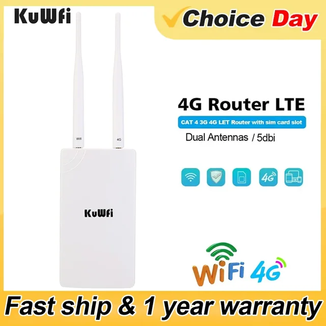 Уличный Wi-Fi роу тер KuWFi 4G LTE, беспроводной маршру тизатор с Sim-картой, водонепроницаемая домашняя точка доступа, 150 Мбит/с, RJ45, WAN, LAN, покрытие Wi-Fi 1