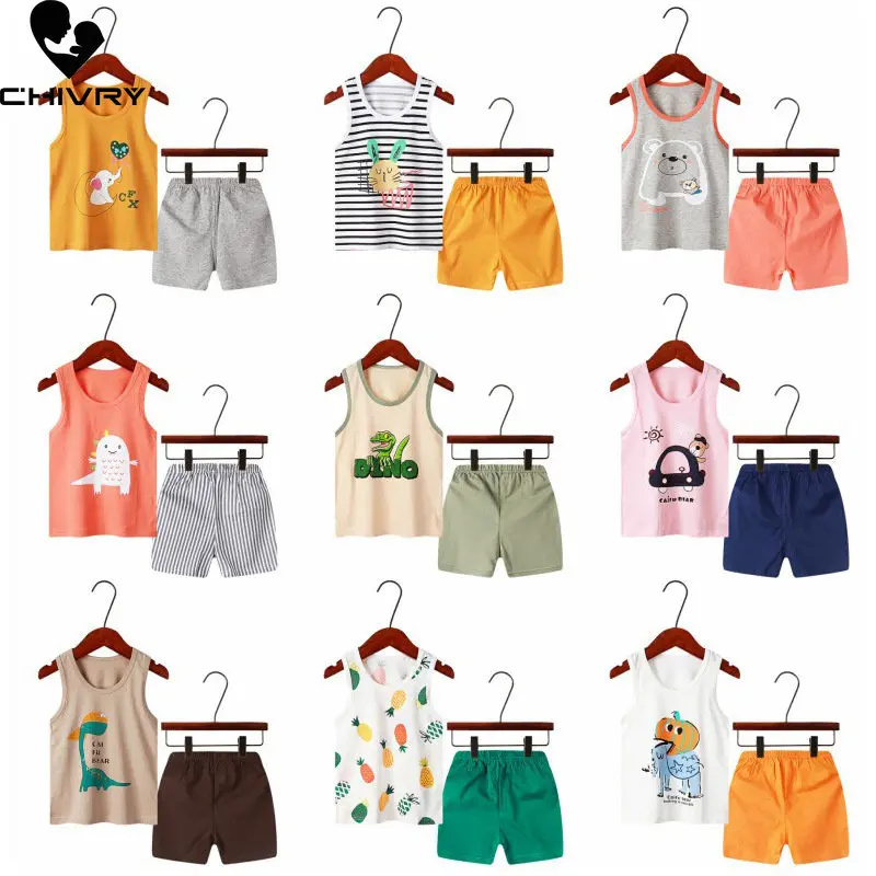 

New 2023 Kids Boys Girls Summer Fashion Pajamas Cute Cartoon Sleeveless Vest T-Shirt Tops with Shorts Kids Baby Clothing Sets