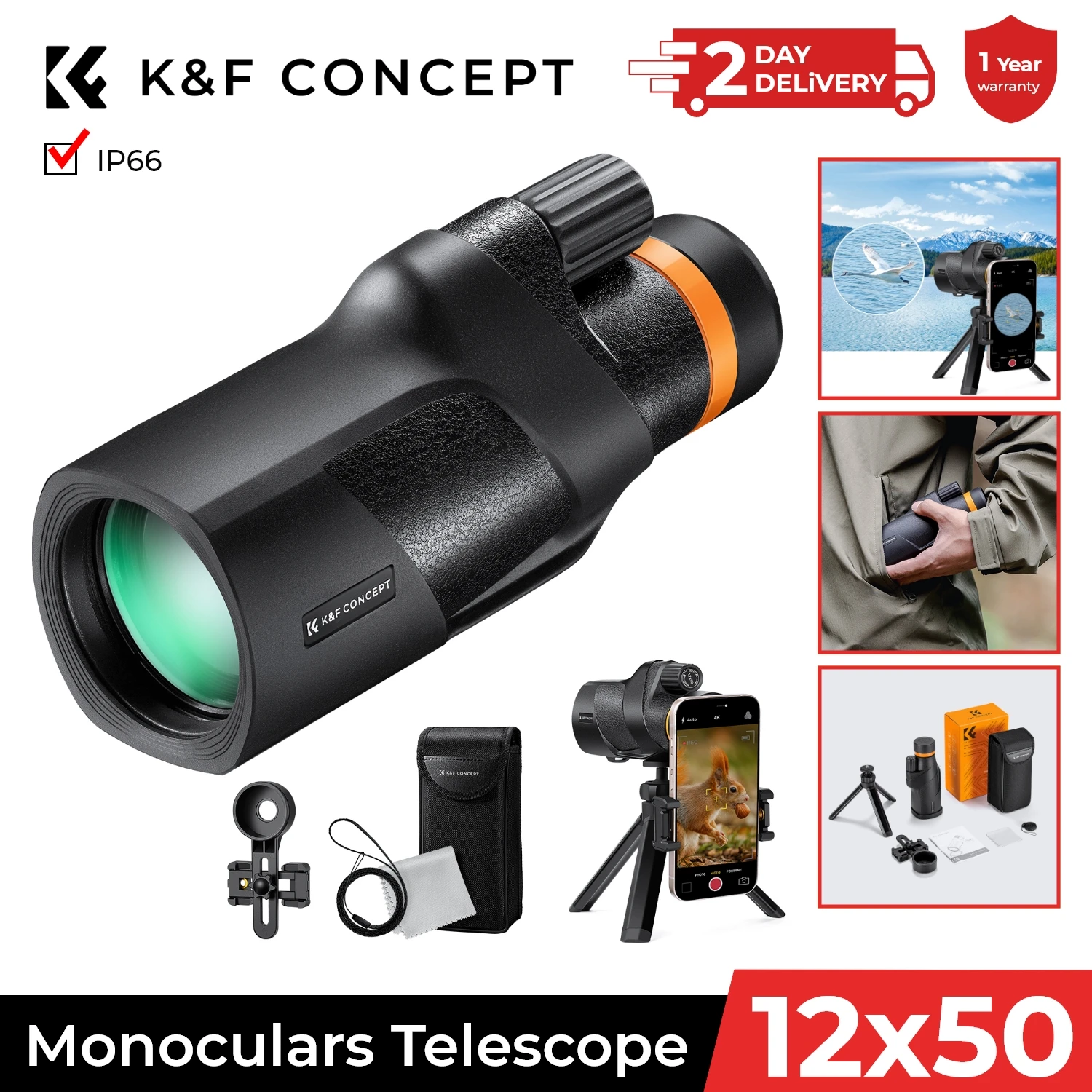 Télescope monoculaire K&F CONCEPT 12X50, étanche, lentille à prisme BAK4, monoculaire HD pour le camping et les voyages avec support pour téléphone, trépied