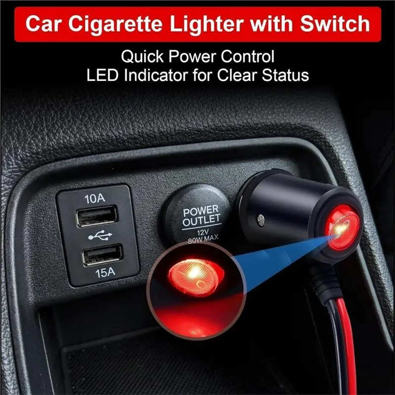 스위치가 있는 시가 라이터 플러그 2M 연장 케이블 12V/24V 16AWG 구리선(LED 표시기 및 15A 퓨즈 포함), 자동차 어댑터