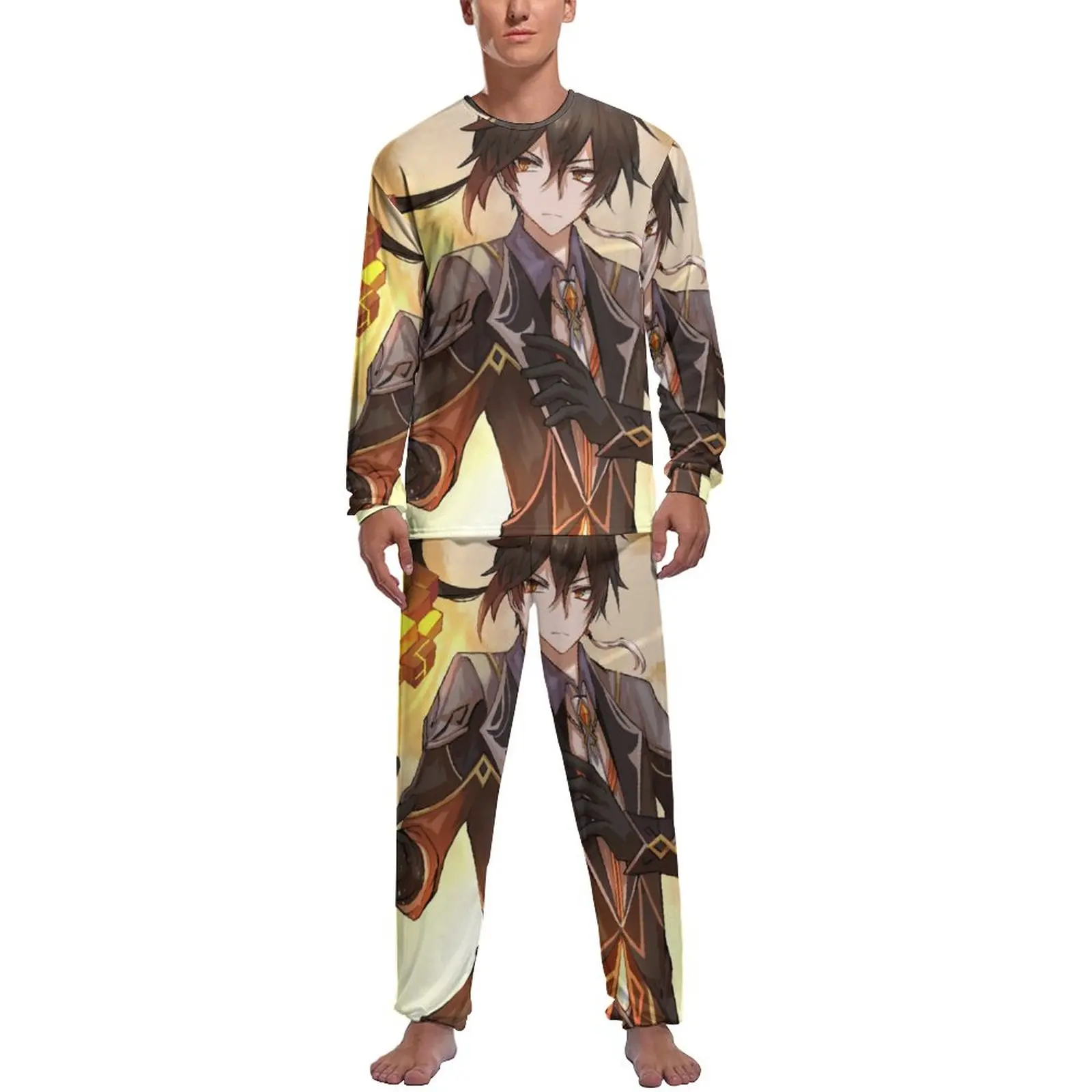 

Zhongli Geo Genshin Impact Pajamas Autumn Wish Ritual Casual Nightwear Men 2 Pieces Printed Long Sleeve Elegant Pajamas Set