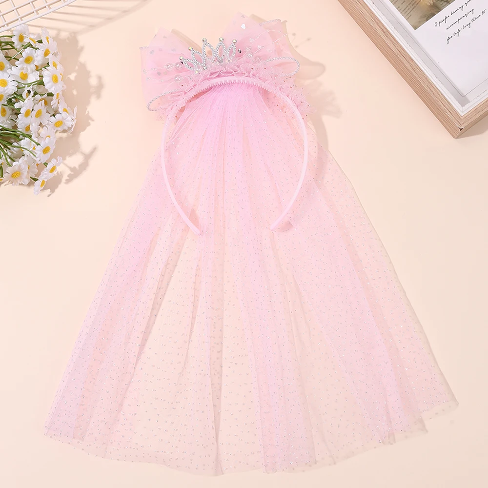 Cute Princess Wedding Veil Headband With Crown Large Meah Bow Hair Hoop Sweet Birthday Party Hair Band Costume Hair Accessories