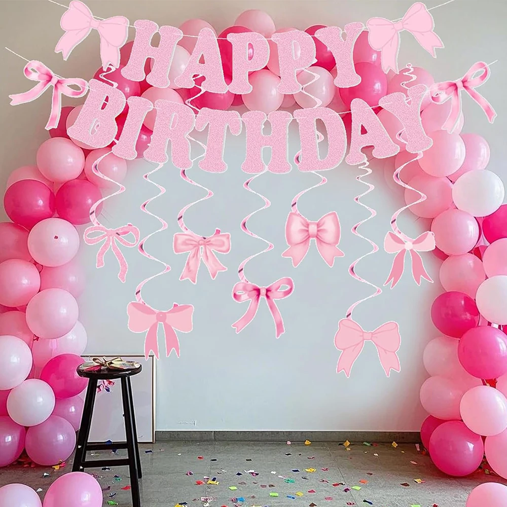 Rosa Schleifen-Themen Geburtstagsdekoration Glitzer Happy Birthday Banner Rosa Schleifen Hängende Spiralen für Coquette Geburtstagsdeko Zubehör – Detail 7