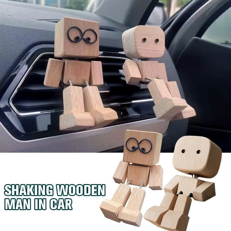 تهز رجل خشبي تمثال سيارة الديكور الحلي الصغيرة الساق يتأرجح روبوت تمثال لطيف الخشب رجل سيارة جيدة الهدايا الإبداعية