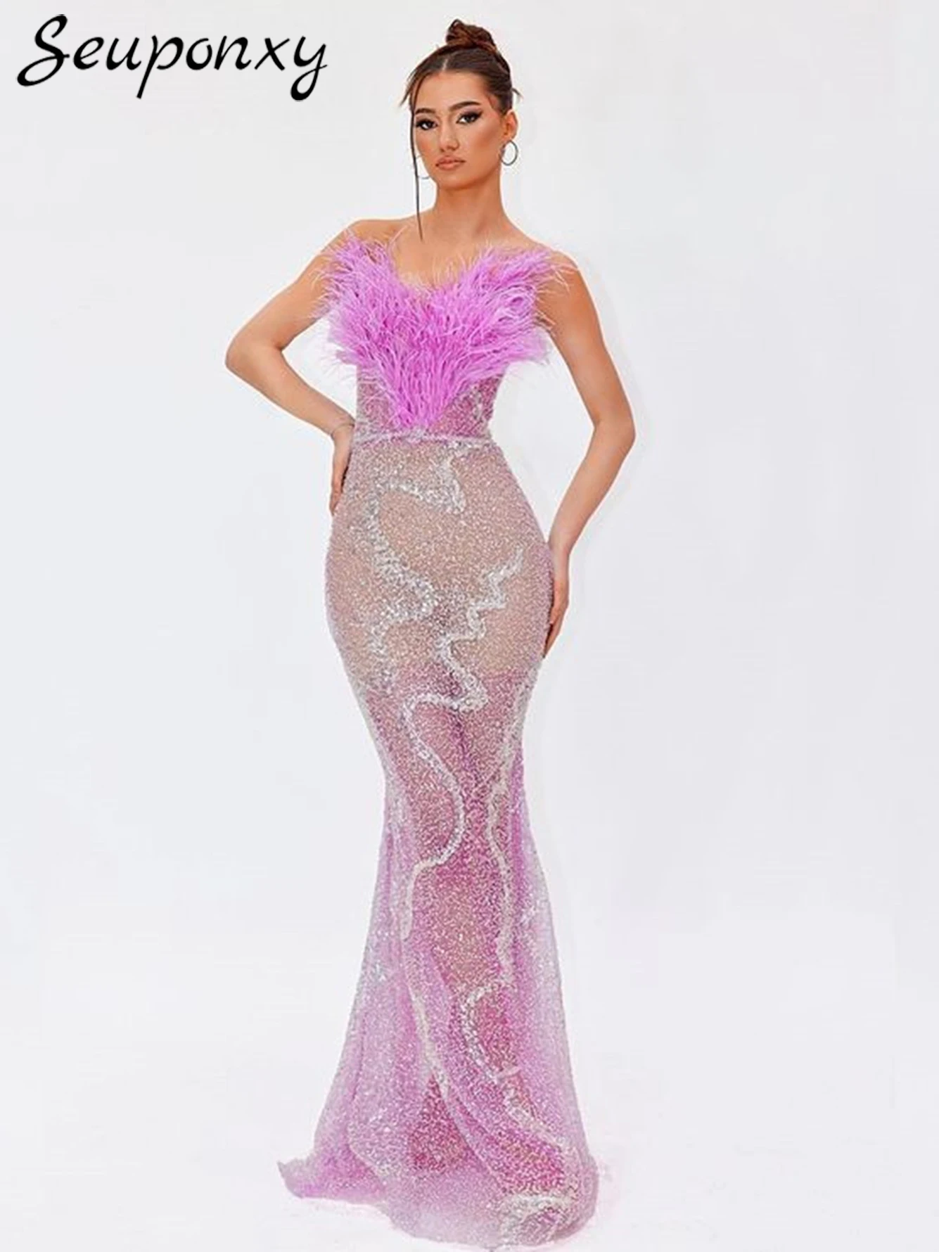 

High Quality Women'S Fashion Feather Maxi Dress Sexy Strapless Backless Luxury Sequin Beaded Elegant Birthday Party Vestidos