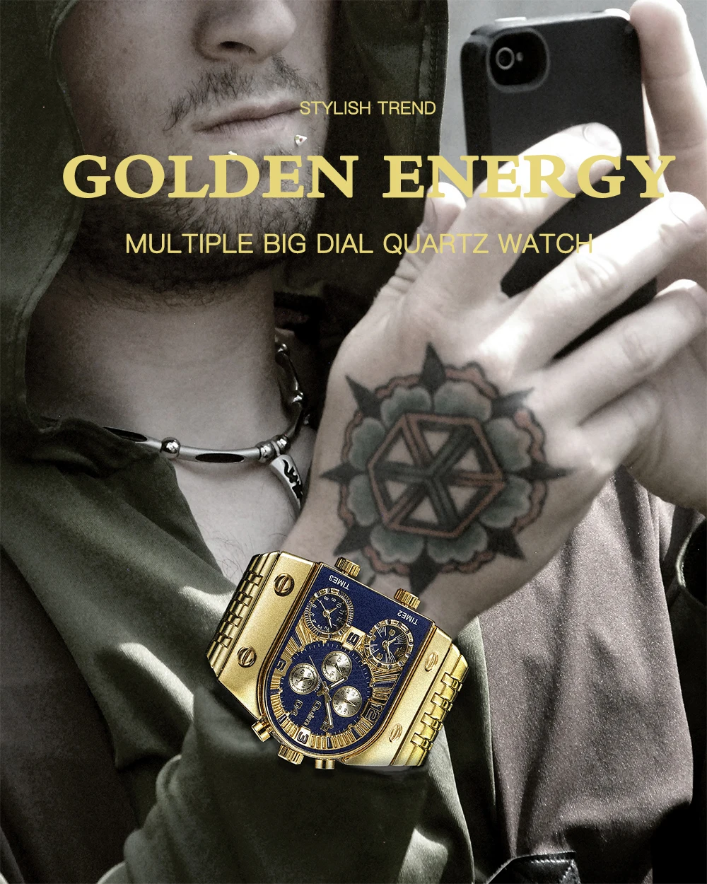 Oulm Unique Men Watch Square Gold Quartz Wrist Watch for Man Sports Multi-Time Zone Military Male Waterproof Relogio Masculino