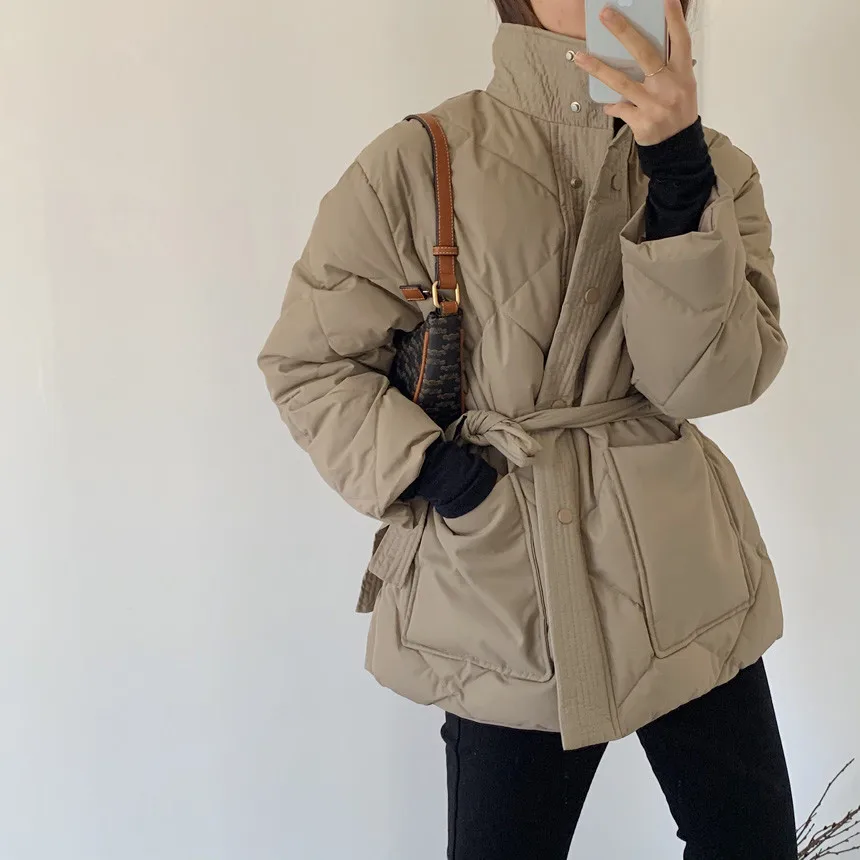 Winter Stand-up Collar Cotton Jacket Women Single-breasted Long-sleeved Solid Belt Thick Coat Korean Fashion Pocket Outerwear