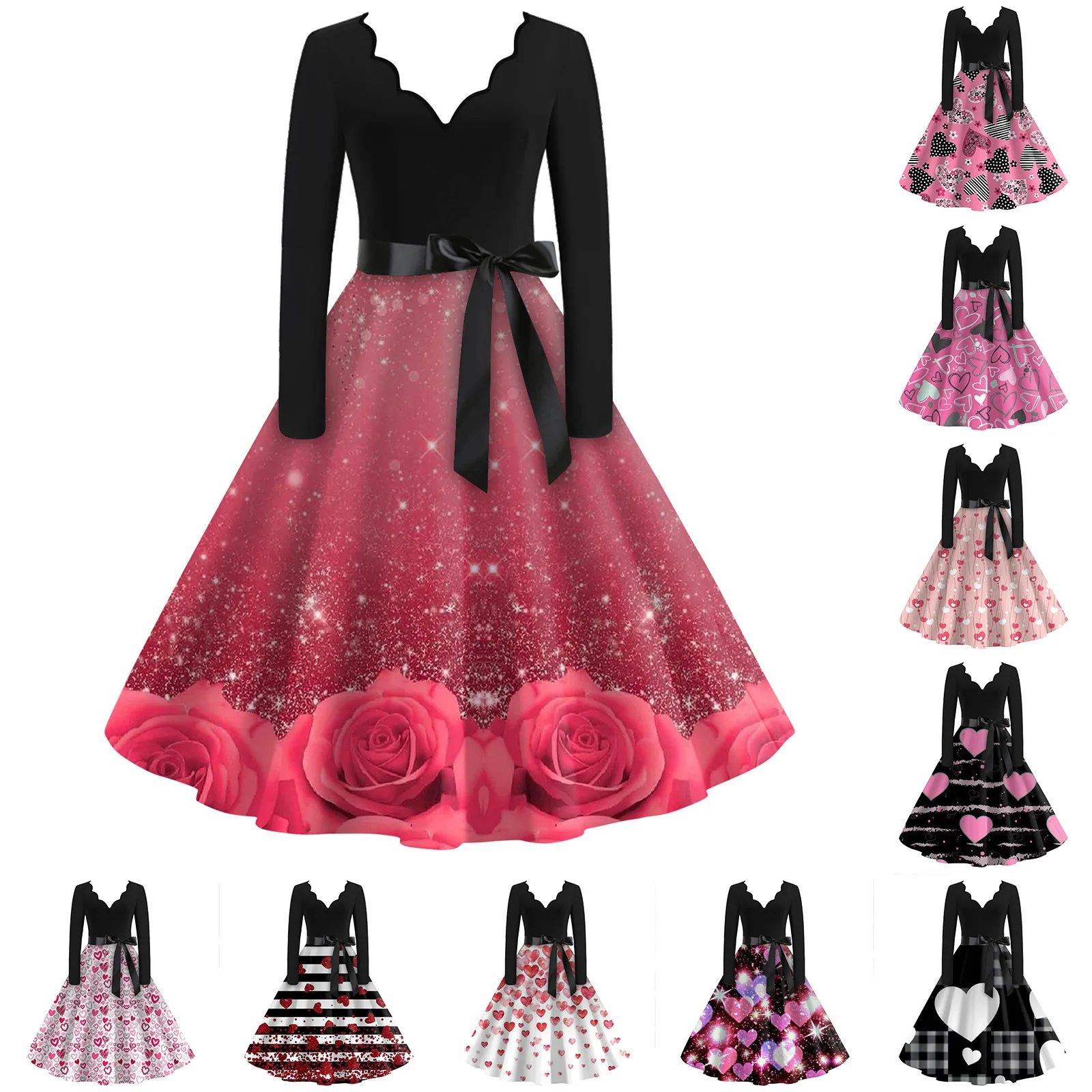 

Женское платье с V-образным вырезом, длинным рукавом и принтом