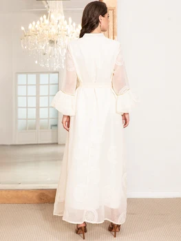 Elegant High Neck Arab Thobe Dress with Polka Dot Jacquard Embroidery & Lantern Sleeves, Modern Traditional Design 2