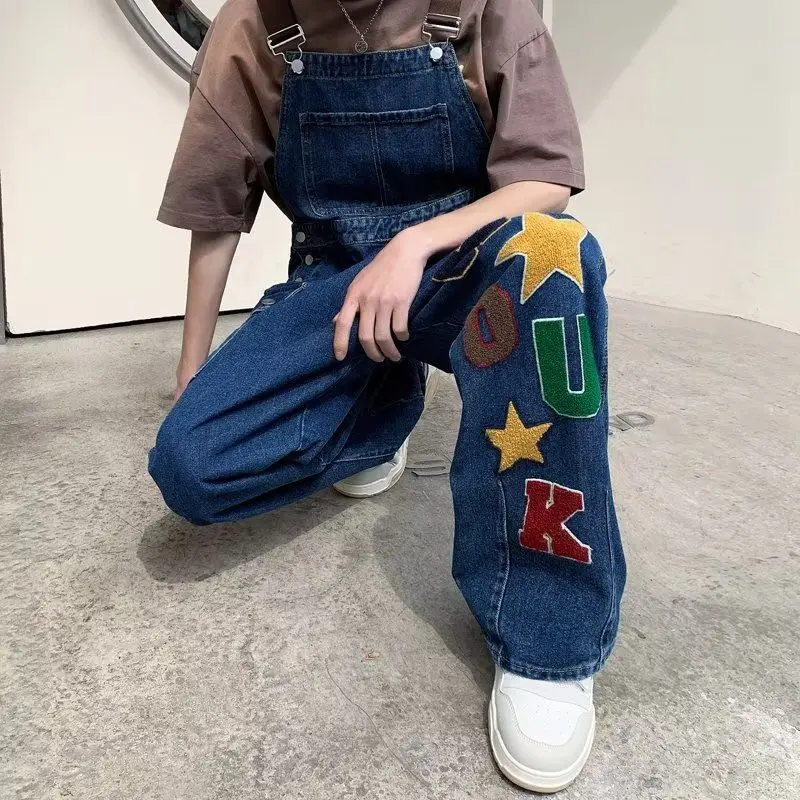 American high street retro embroidered star letters denim overalls for men summer loose and versatile casual jumpsuit trend y2k