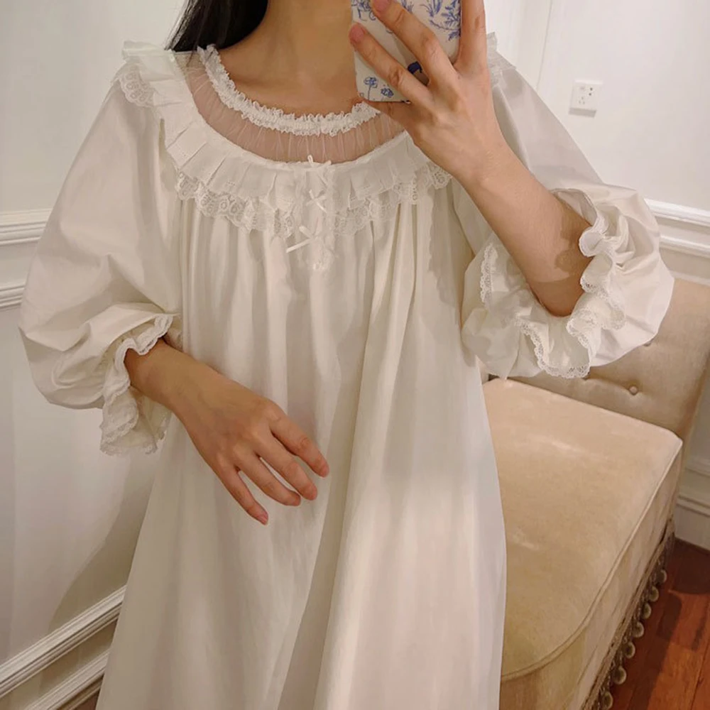 

Nightdress women spring summer delicate lace lace long sleeve cotton court style pajamas temperament home wear
