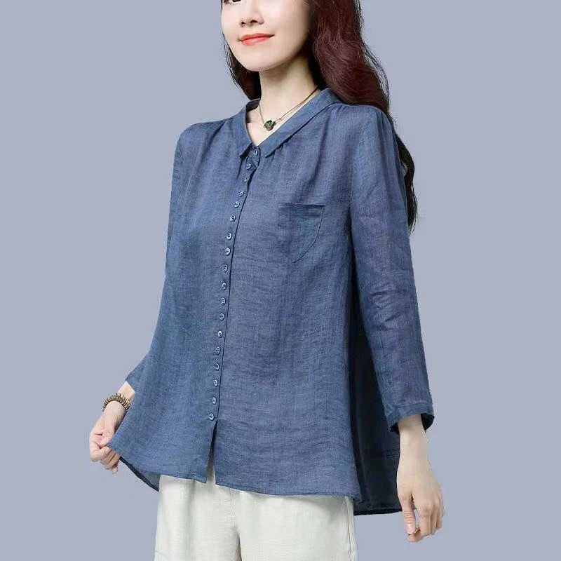 Vintage Cotton Linen Loose Button Up Shirt for Women Autumn Fashion Three-quarter Sleeve Blue Khaki Simple Blouses Tops Clothing