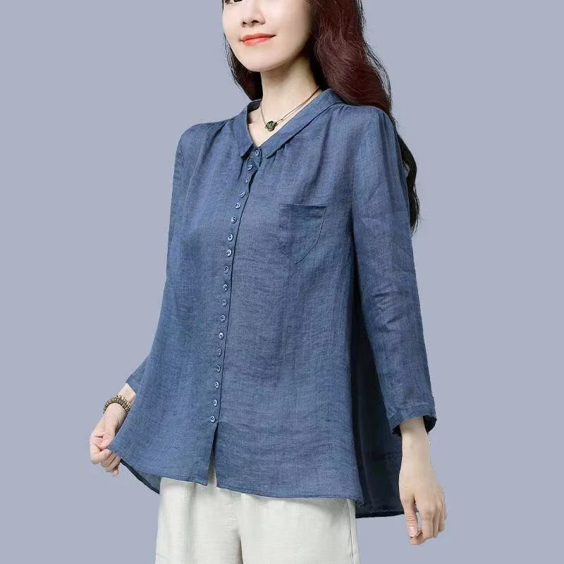 Vintage Cotton Linen Loose Button Up Shirt for Women Autumn Fashion Three-quarter Sleeve Blue Khaki Simple Blouses Tops Clothing classic grey khaki navy blue men s wedding suits costume homme mariage formal business terno masculino 2piece elegent man blazer