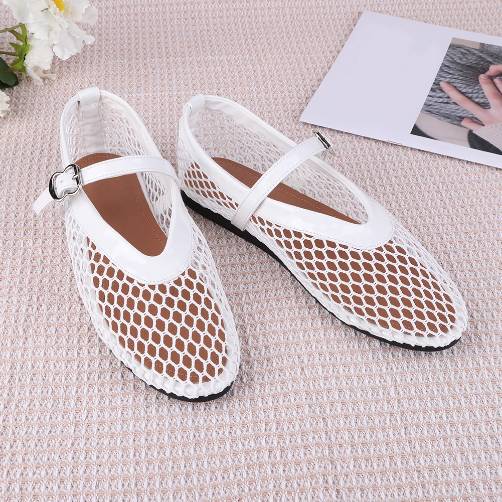 Women Mesh Ballet Flats Fishnet Ballerina Flats Breathable Slip On Ballerina Shoes Buckle Strap Daily Dress Shoes for Commuting